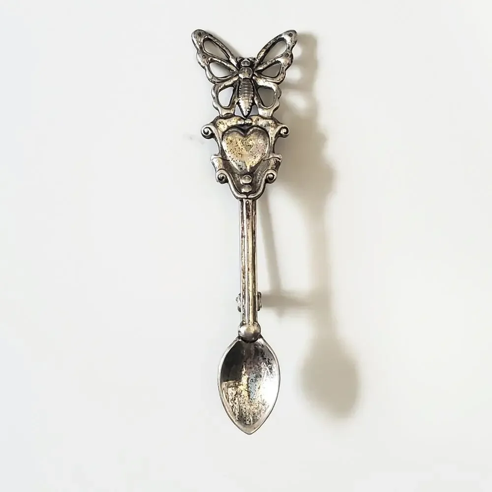 Vintage Sterling Silver Heart Butterfly Spoon Pin Brooch